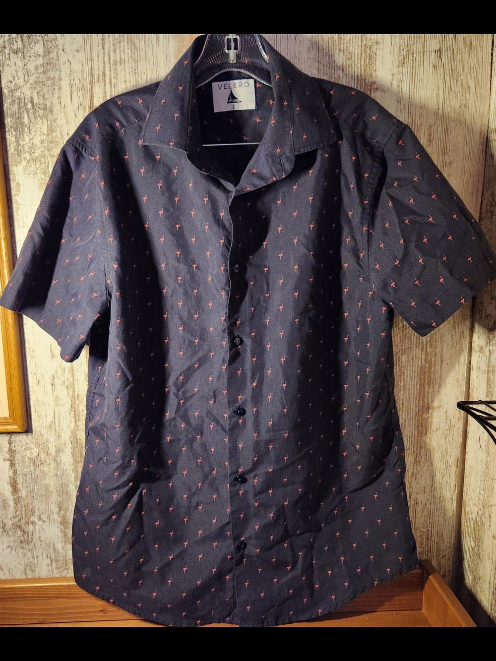 Men's Navy Blue Short-Sleeve Button-Down Shirt w/ Pink Flamingo Print Sz Large